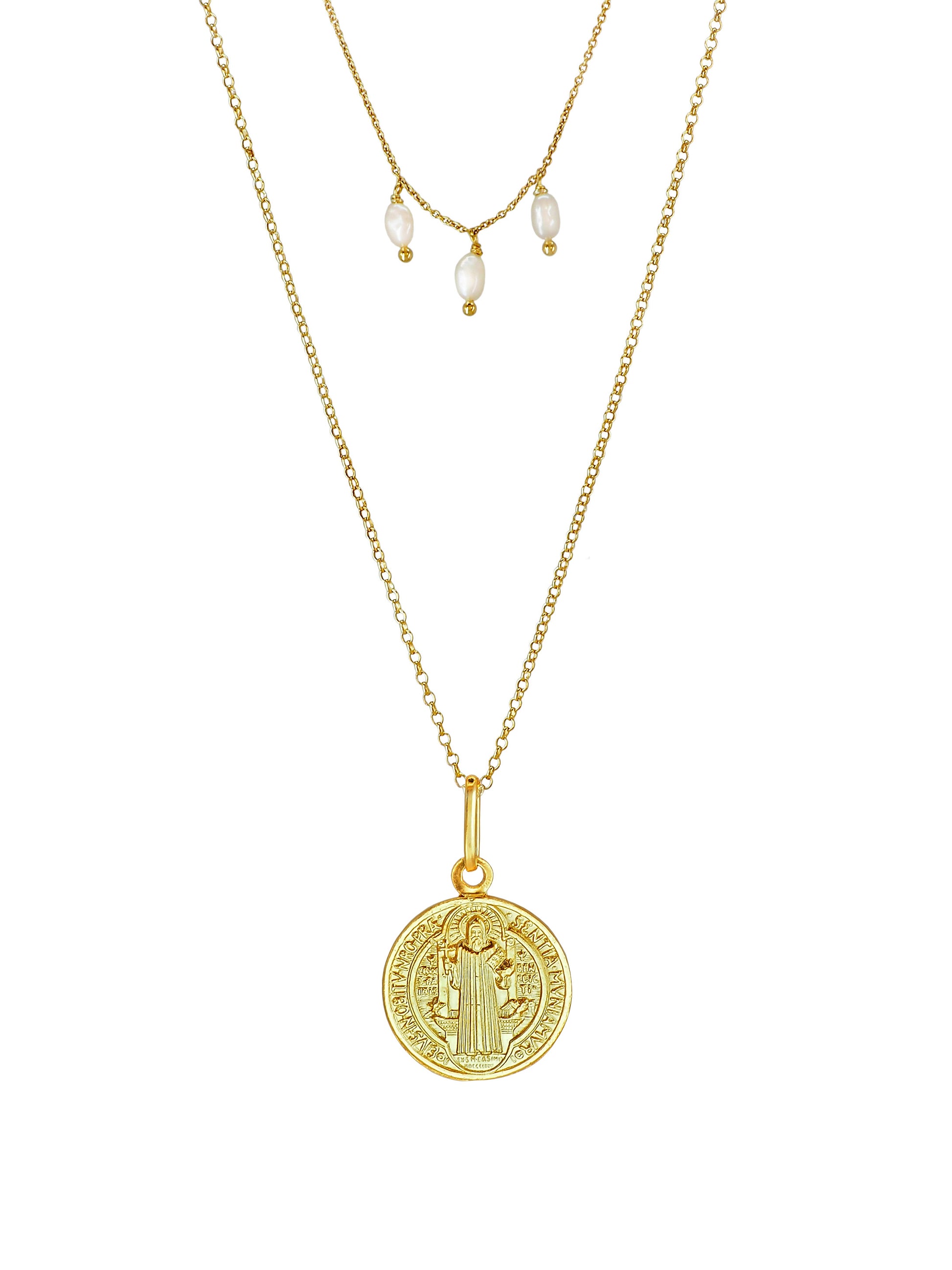 St. Benedict double-chain pearl necklace by Pola Jewellery — vintage gold-plated sterling-silver pendant with Latin inscription and freshwater pearls.