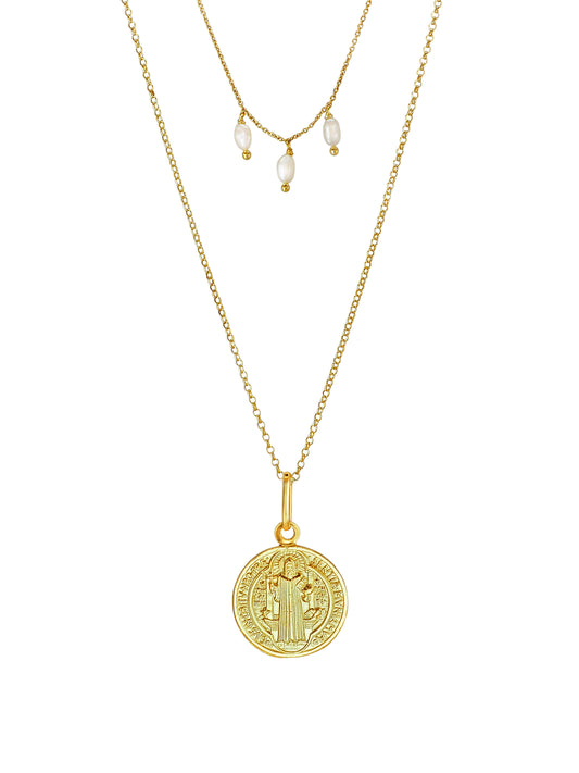St. Benedict double-chain pearl necklace by Pola Jewellery — vintage gold-plated sterling-silver pendant with Latin inscription and freshwater pearls.