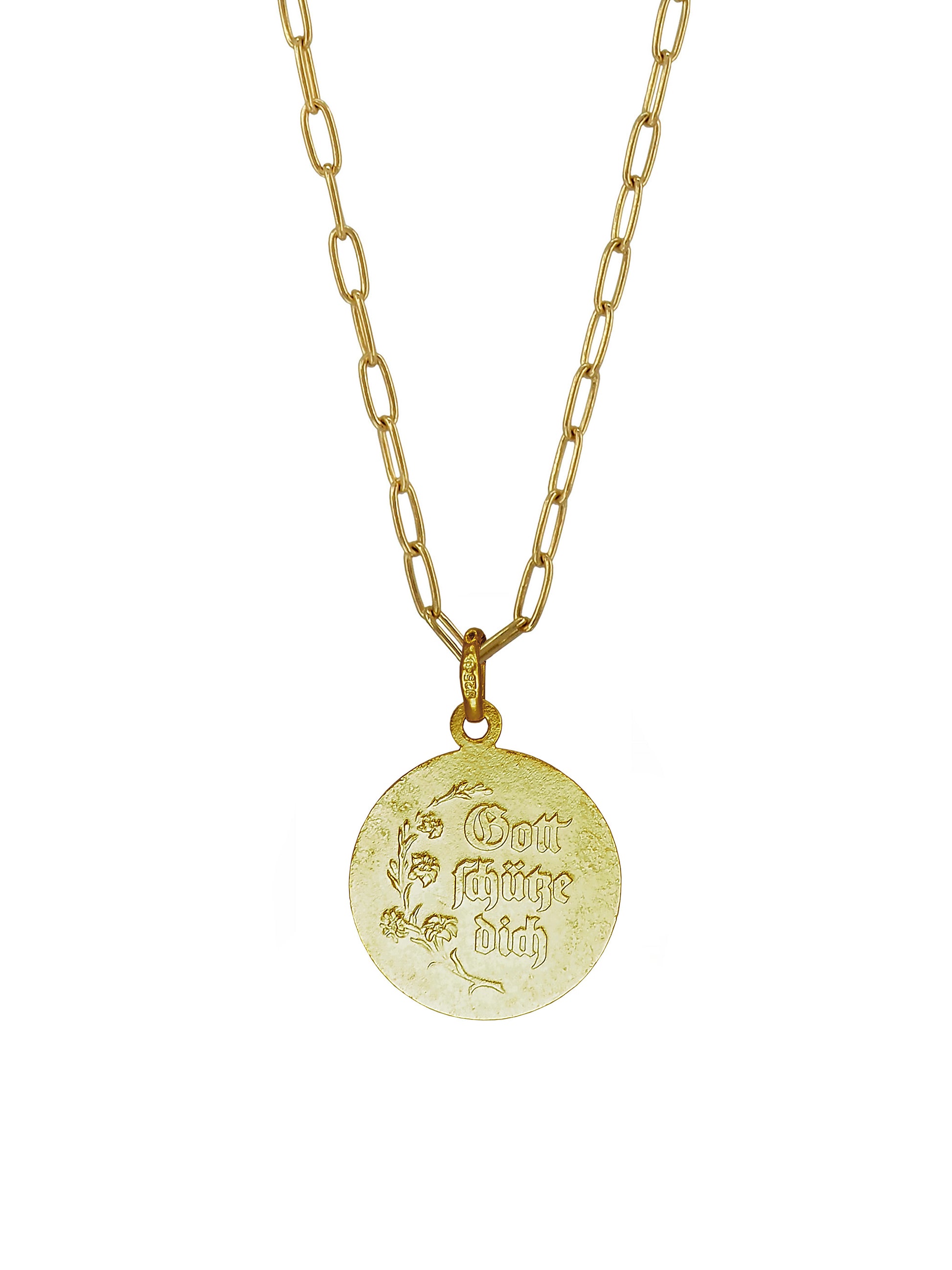 Vintage St. Christopher Necklace by Pola Jewellery — antique gold-plated sterling-silver pendant engraved “Gott schütze dich”, symbol of protection and luck.