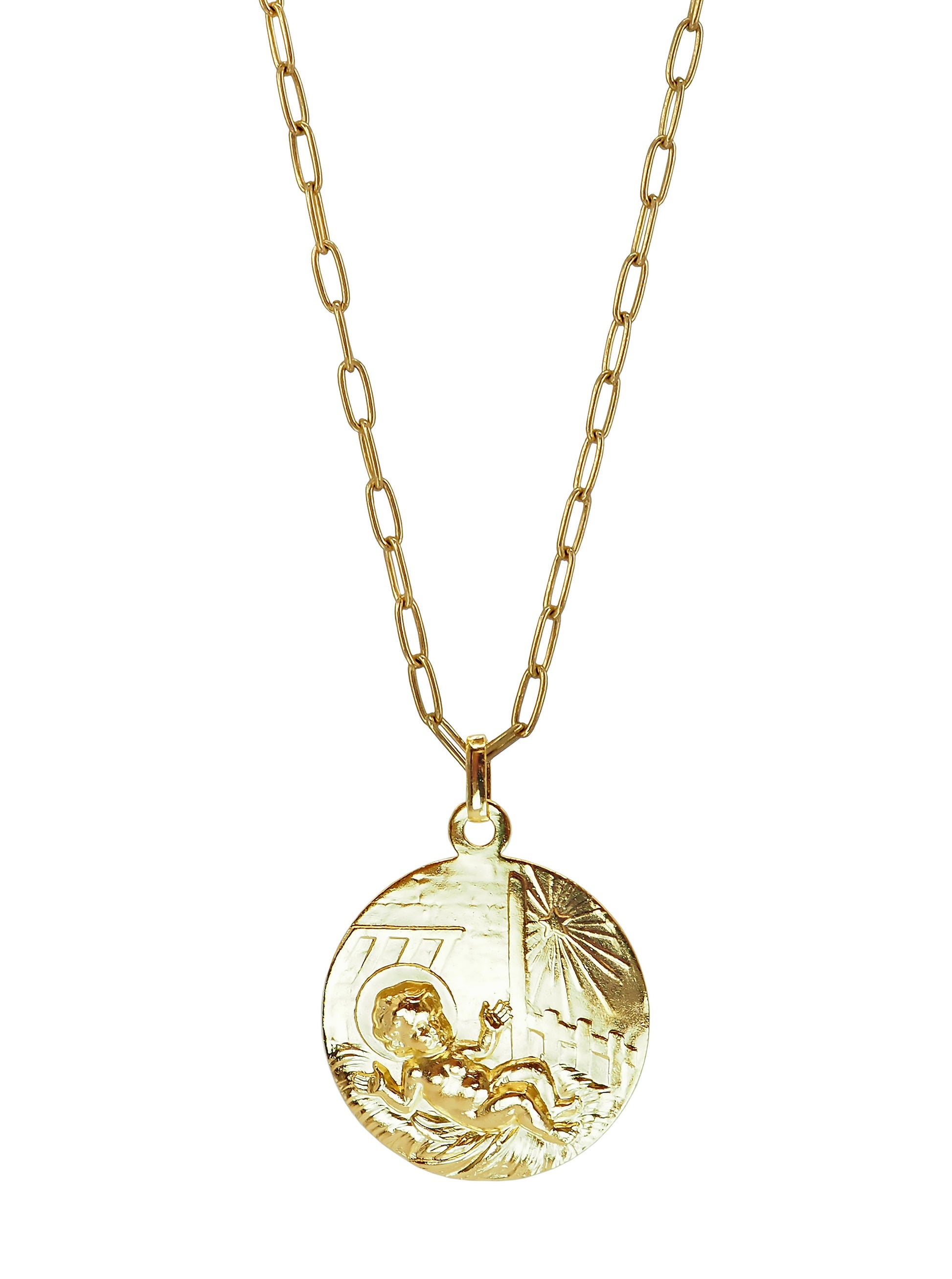 Vintage Baby Jesus Necklace by Pola Jewellery — one of a kind antique Baby Jesus and guiding star pendant, 24k gold-plated in Barcelona, talisman jewellery designed in Mallorca.