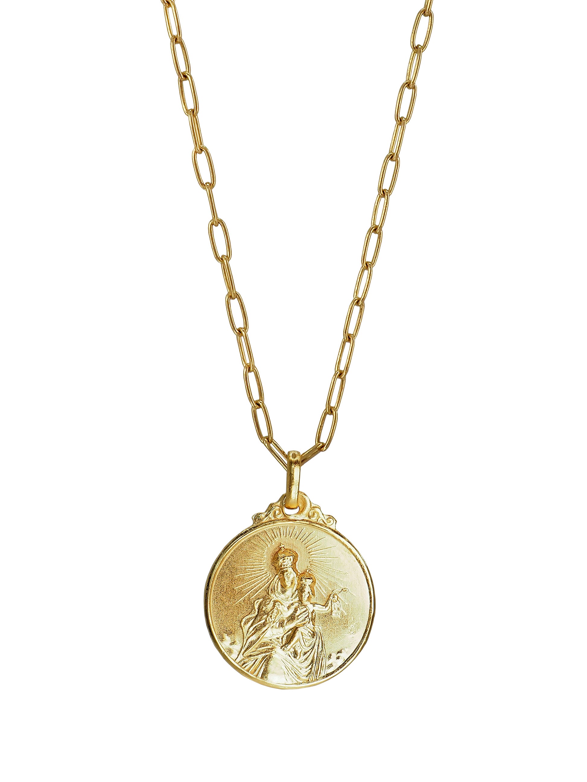 Vintage Carmen Necklace by Pola Jewellery — one of a kind antique Our Lady of Carmen pendant with Sacred Heart reverse, gold-plated in Barcelona, gender-neutral talisman jewellery designed in Mallorca.