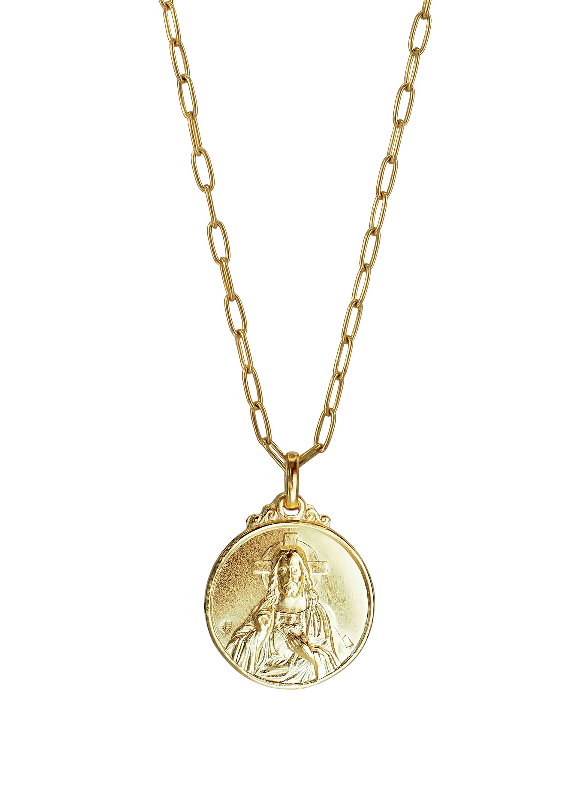 Reverse of the Vintage Carmen Necklace by Pola Jewellery — Sacred Heart engraving on one of a kind antique pendant, gold-plated in Barcelona, gender-neutral talisman jewellery designed in Mallorca.