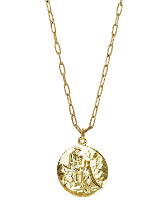 Vintage Eucharist Necklace by Pola Jewellery — one of a kind antique Eucharist engraved pendant, gold-plated in Barcelona, gender-neutral talisman jewellery designed in Mallorca.