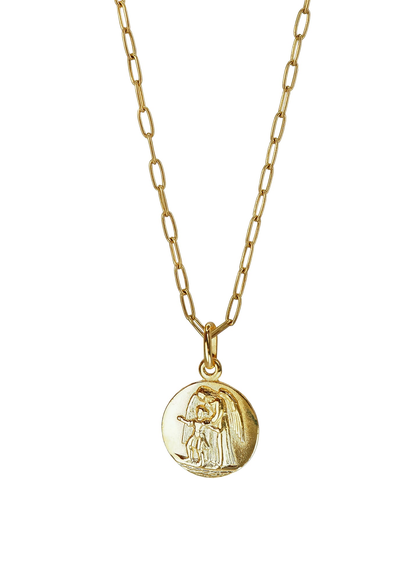 Vintage Guardian Angel Necklace by Pola Jewellery — one of a kind antique pendant engraved with Guardian Angel, gold-plated in Barcelona, gender-neutral talisman jewellery designed in Mallorca.