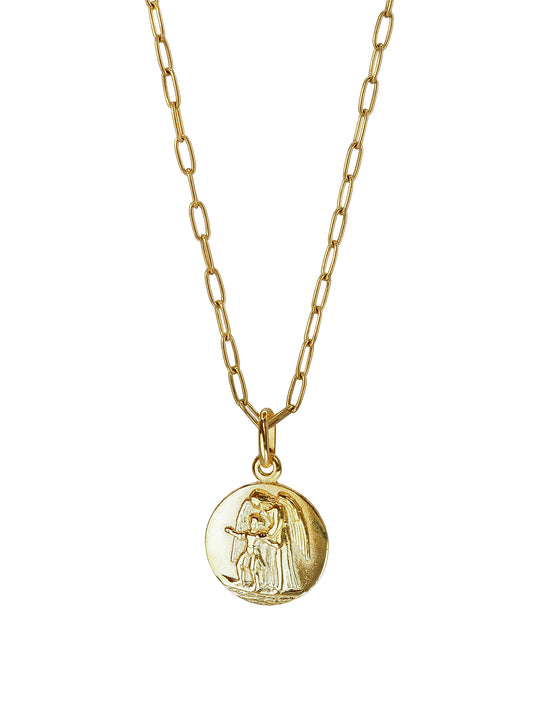 Vintage Guardian Angel Necklace by Pola Jewellery — one of a kind antique pendant engraved with Guardian Angel, gold-plated in Barcelona, gender-neutral talisman jewellery designed in Mallorca.