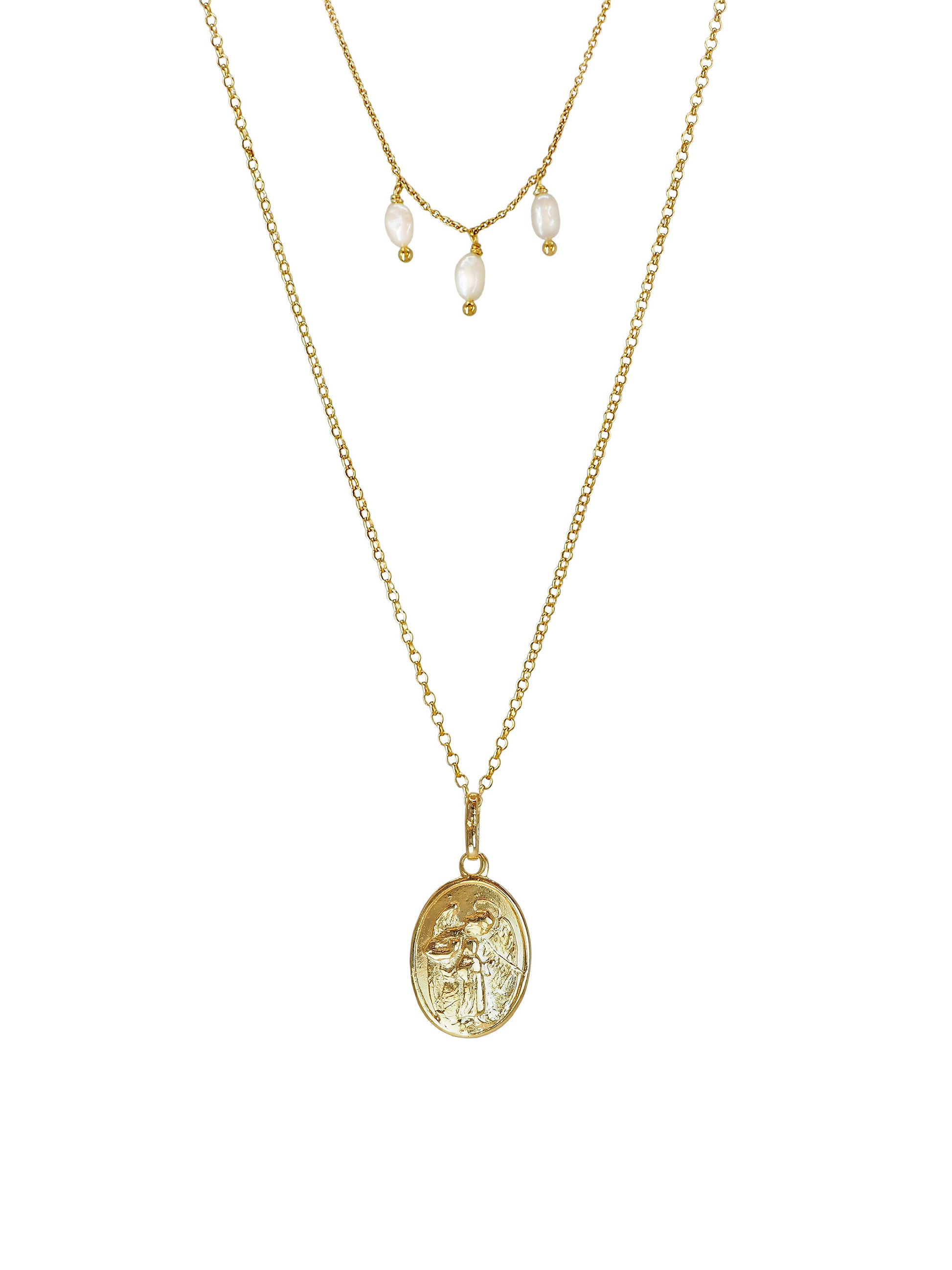 One of a kind vintage Guardian Angel pendant necklace with freshwater pearls, gold-plated in Barcelona. Talisman jewellery designed in Mallorca. Shop Pola Jewellery.