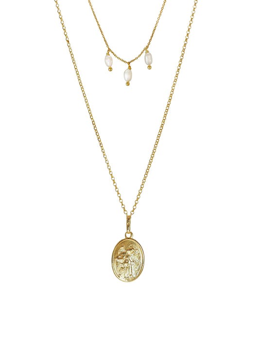 One of a kind vintage Guardian Angel pendant necklace with freshwater pearls, gold-plated in Barcelona. Talisman jewellery designed in Mallorca. Shop Pola Jewellery.
