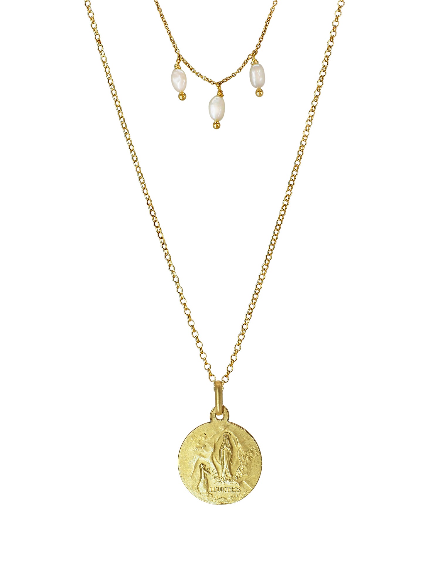 Double-chain Lourdes necklace with antique pendant and pearls in gold-plated silver. A romantic, healing talisman handcrafted in Mallorca.