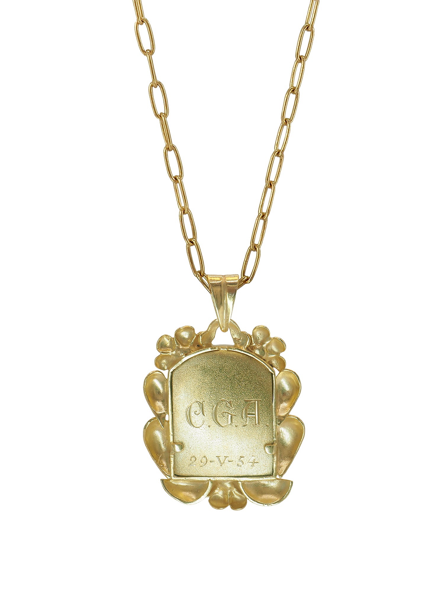 Vintage Madonna necklace with gold-plated silver chain and antique Lourdes pendant—unique spiritual talisman.