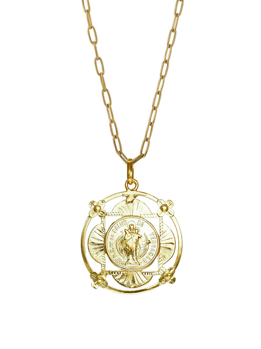 Vintage Madonna Necklace by Pola Jewellery — one of a kind antique Our Lady of Good Health pendant from Terradas Girona, gold-plated in Barcelona, gender-neutral talisman jewellery designed in Mallorca