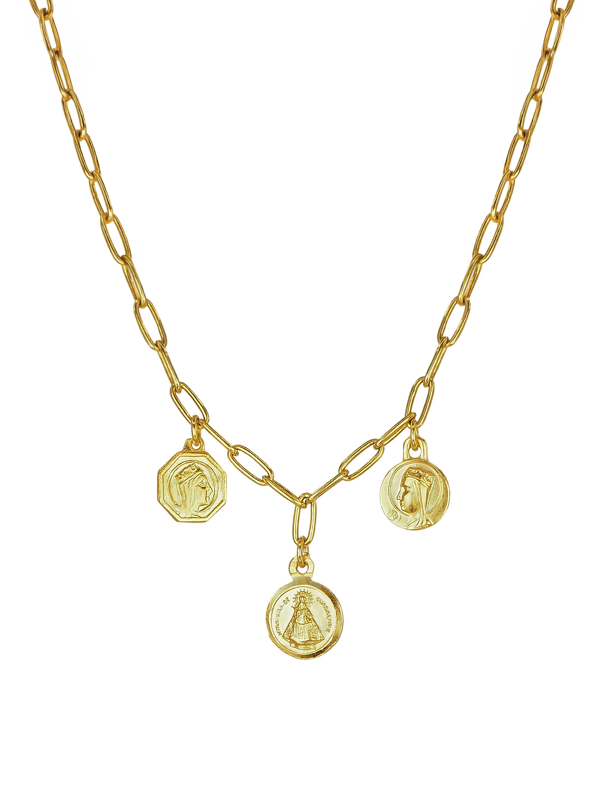 Vintage Madonnas and Sacred Heart Triad Necklace by Pola Jewellery — three tiny antique gold-plated pendants on a delicate chain, handcrafted in Mallorca.