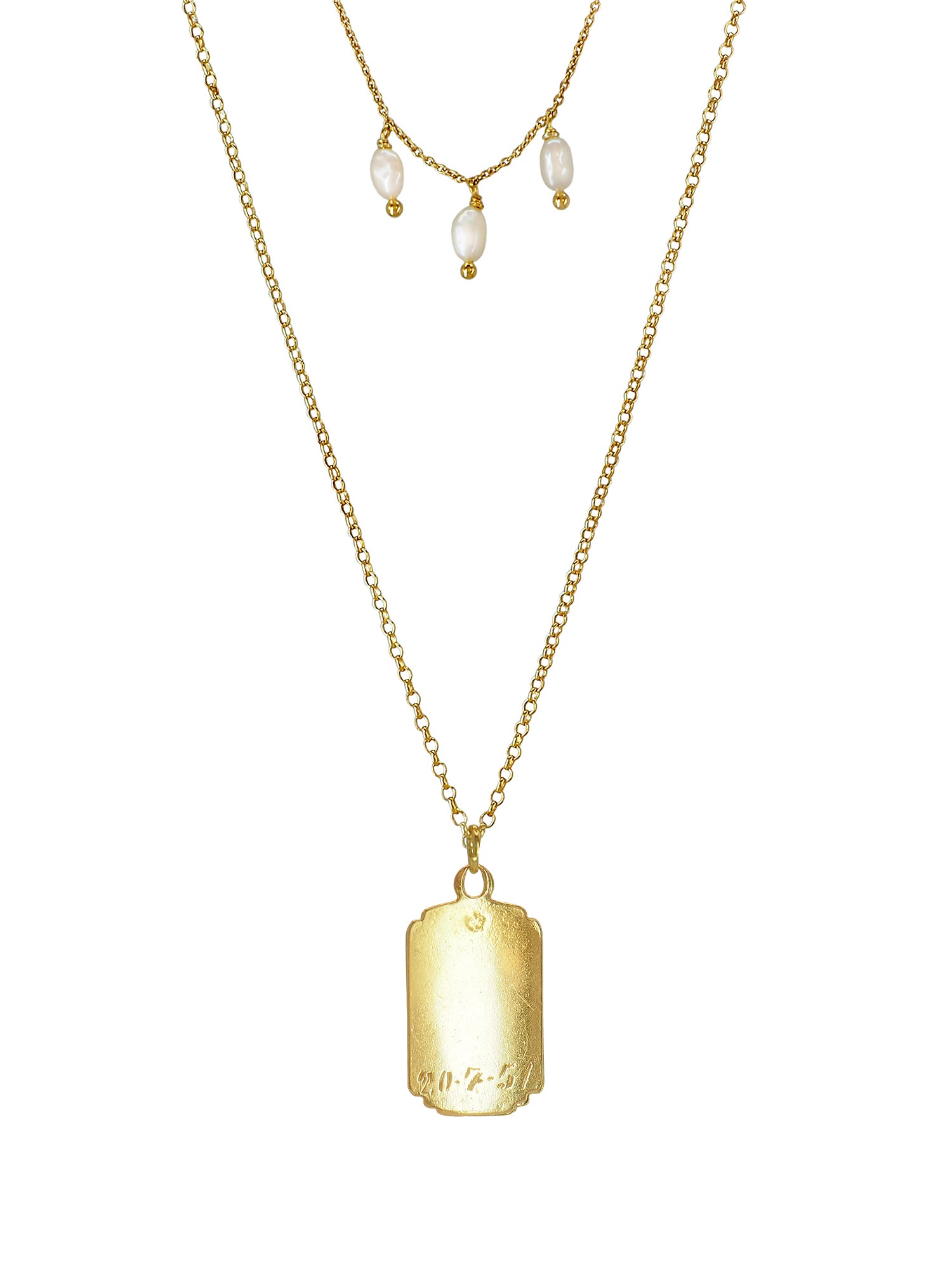 Vintage Milagrosa necklace with antique pendant, freshwater pearls, and gold-plated silver chains. One-of-a-kind, crafted in Mallorca.