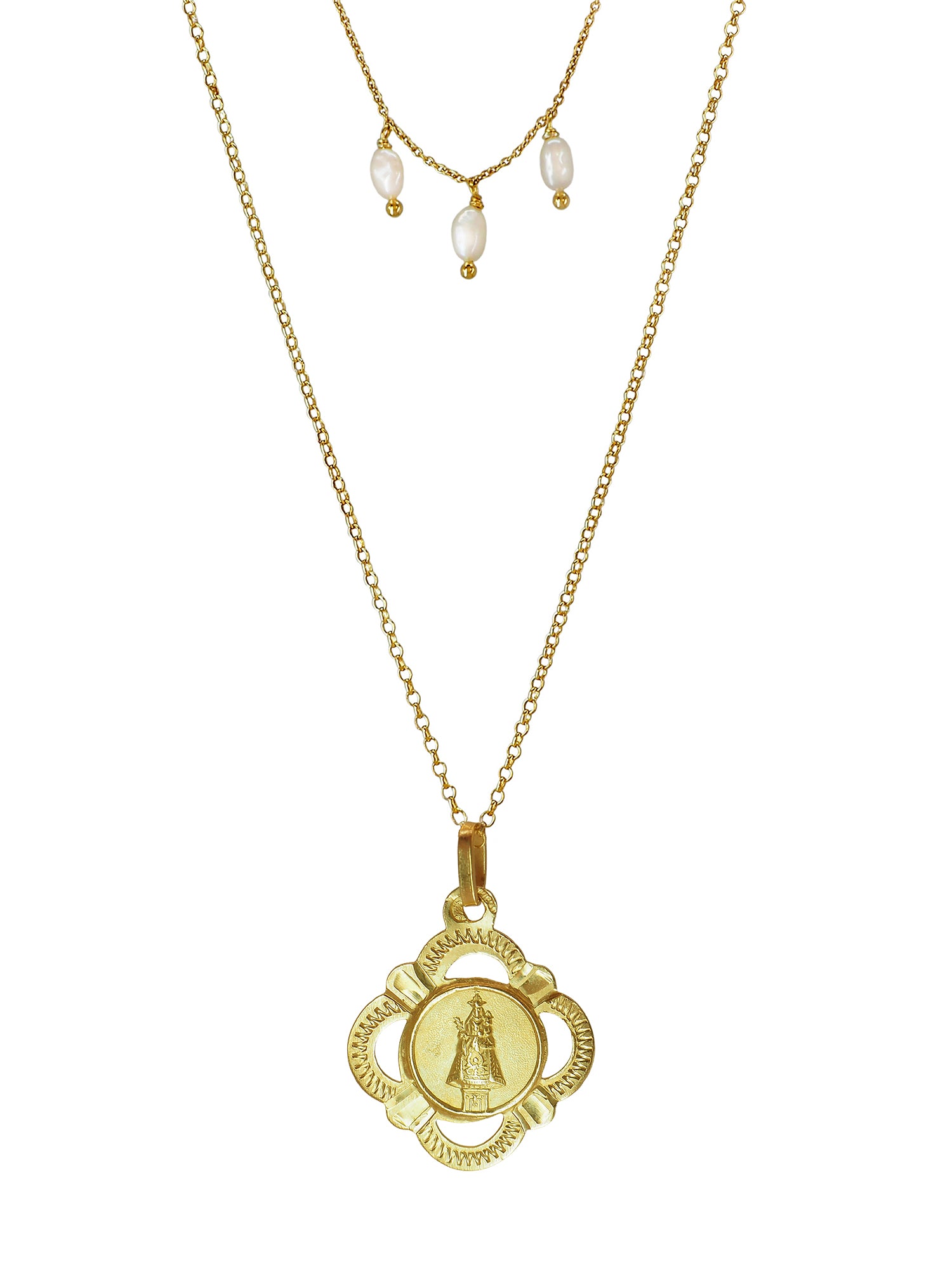 Double-chain necklace with antique Our Lady of Bonanova pendant and pearls. Gold-plated sterling silver. One-of-a-kind vintage piece.