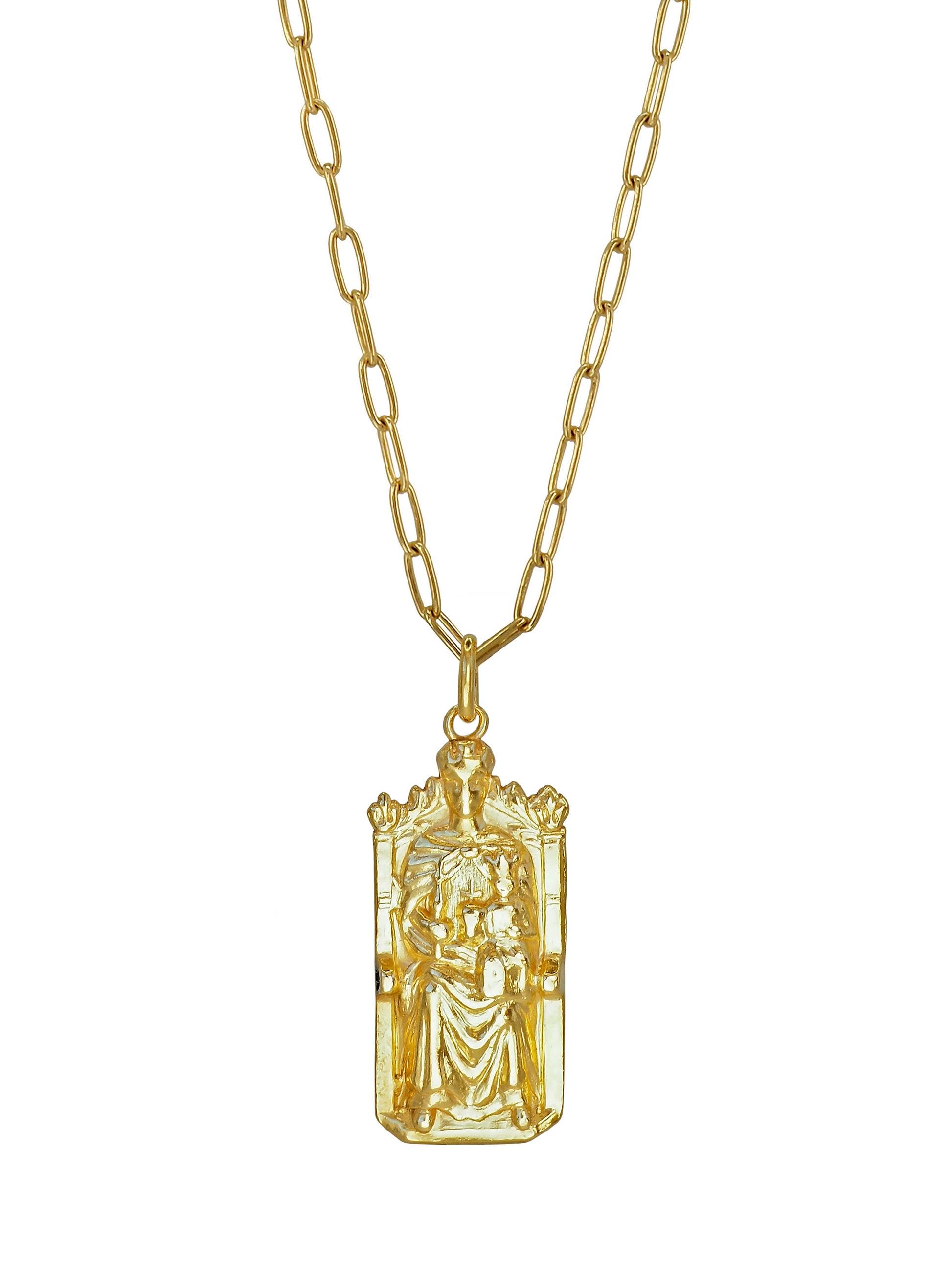 Close-up of Our Lady of Montserrat gold-plated pendant on elegant chain — handcrafted sterling-silver necklace by Pola Jewellery, made in Mallorca.