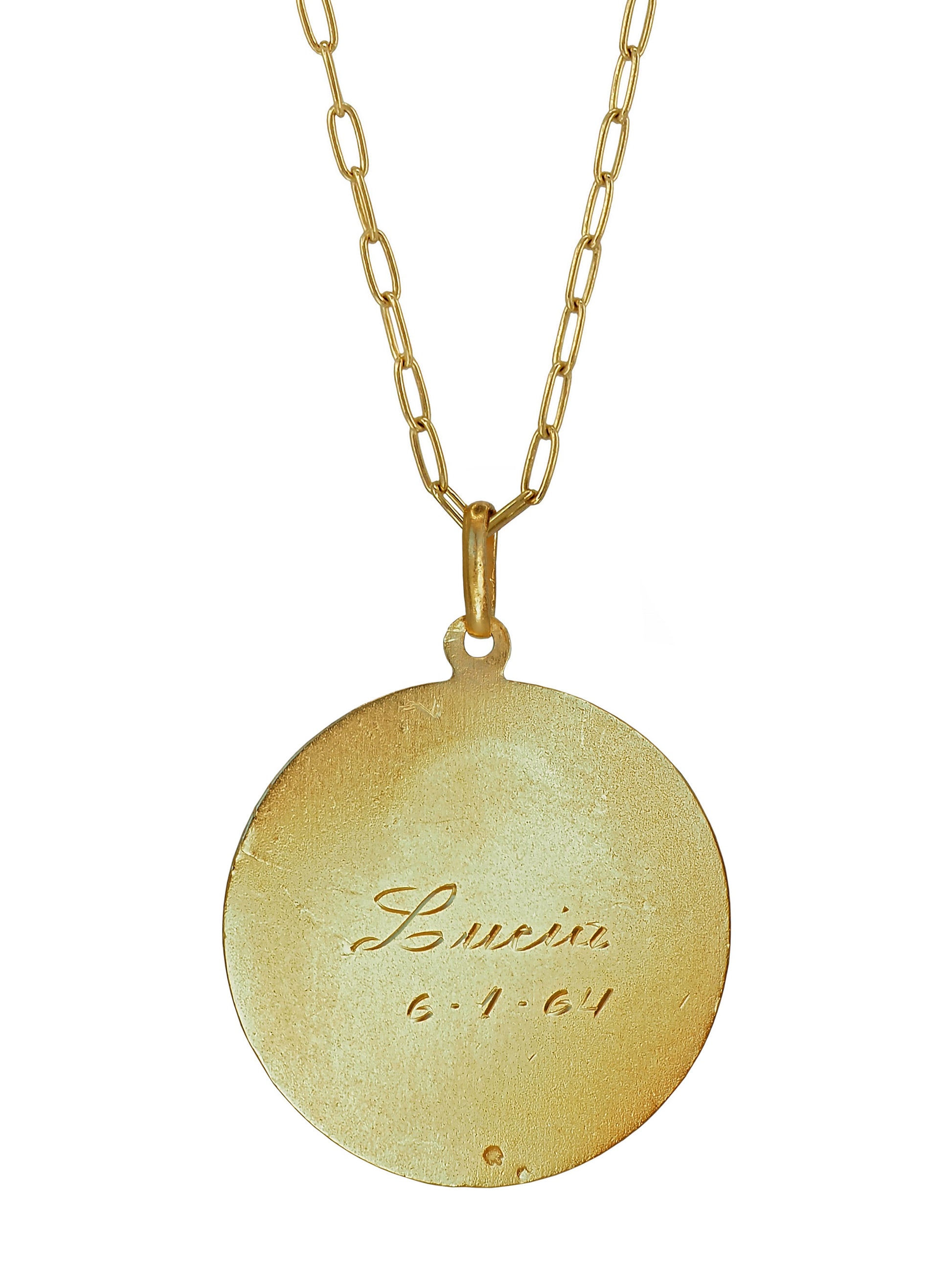 Sacred Heart Vintage Necklace by Pola Jewellery — one-of-a-kind gold-plated sterling silver pendant engraved “Lucia 6·1·64”, handcrafted in Mallorca.