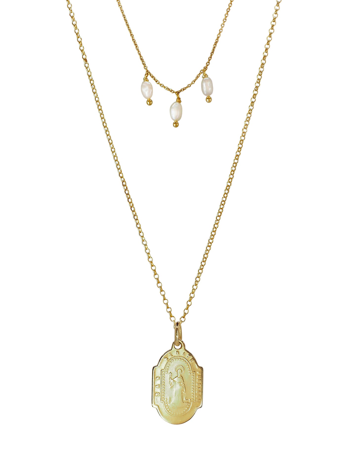 St Benedict and Montserrat Necklace. Gold plated Sterling Silver. Freshwater pearls. One of a Kind.