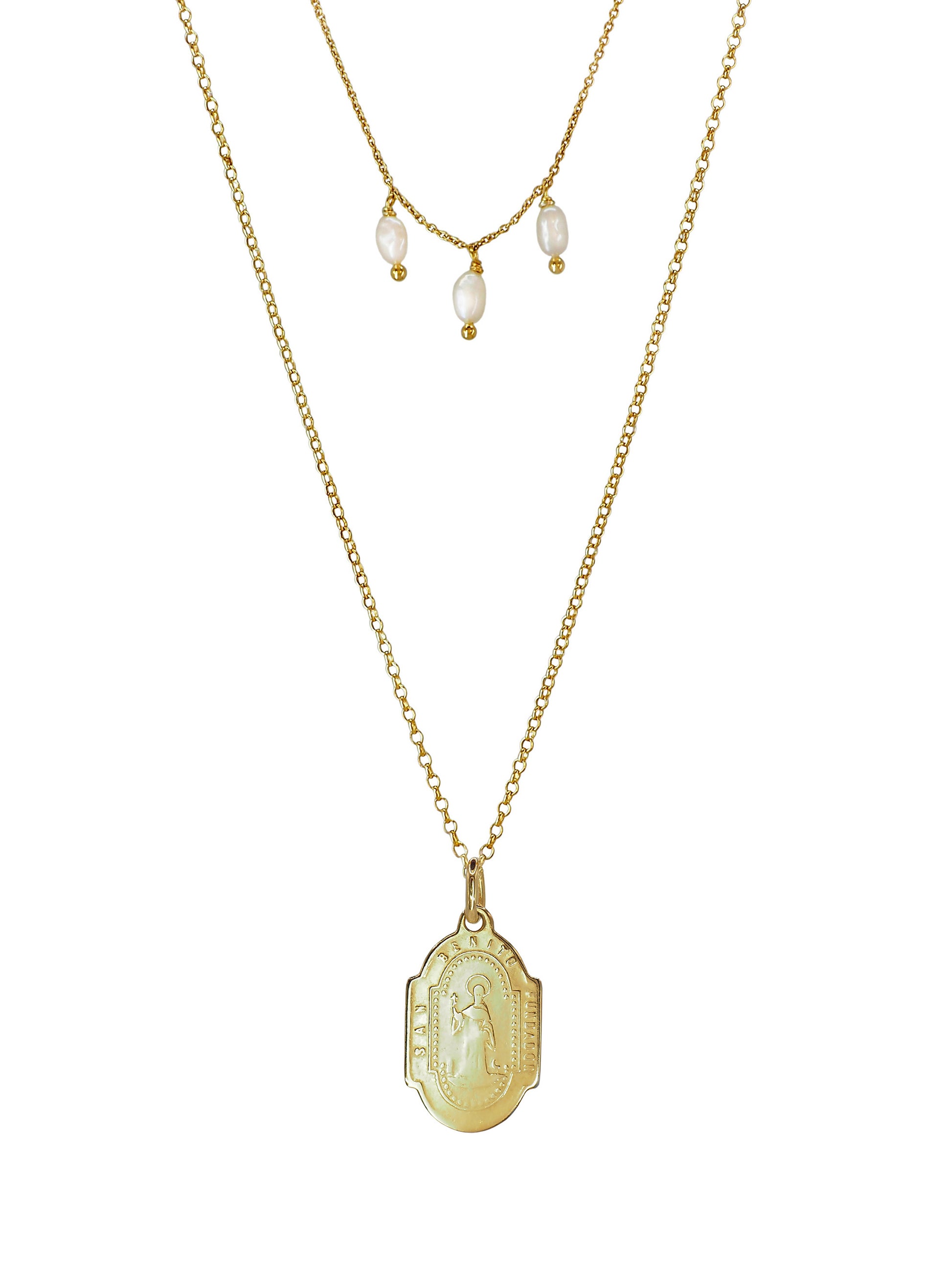 St Benedict and Montserrat Necklace. Gold plated Sterling Silver. Freshwater pearls. One of a Kind.