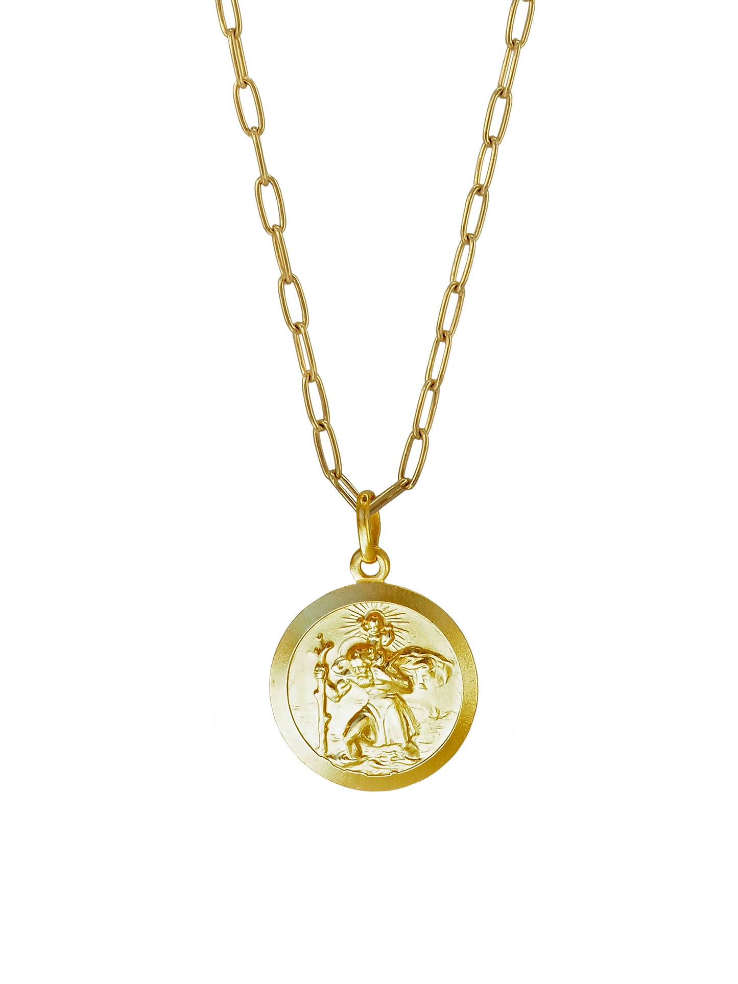 Close-up of the Vintage St. Christopher Pendant — antique engraving on gold-plated sterling silver necklace, handcrafted by Pola Jewellery in Mallorca.