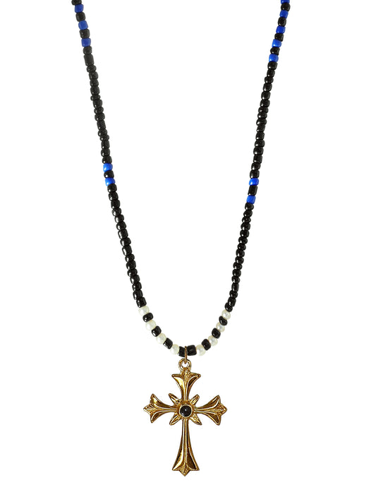 Cross Onyx Pearls beaded Necklace. Sterling Silver