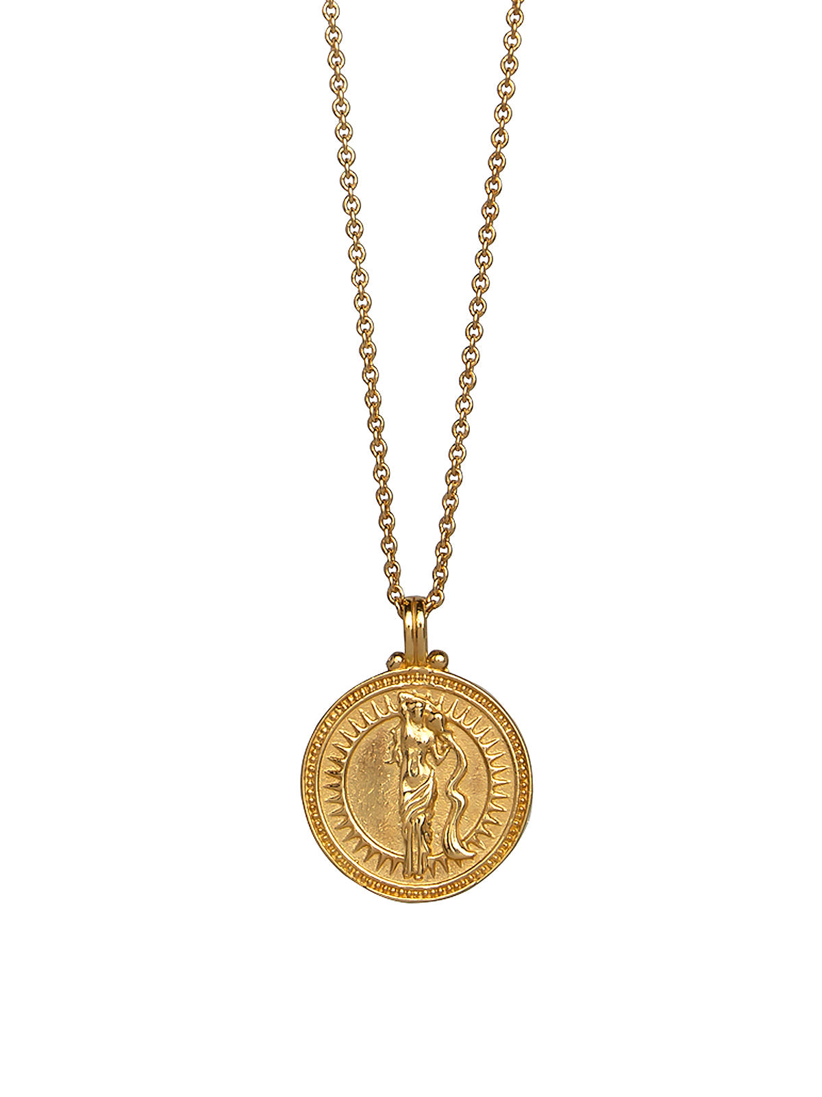 Close-up of Pola Jewellery’s Aquarius Zodiac Sign Necklace in gold vermeil, engraved with the water bearer — symbol of wisdom, innovation, and freedom.