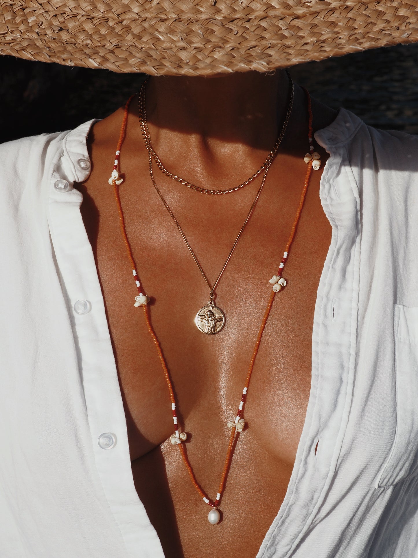Beaded Necklace Orange, Sea Shells, Pearl, Gender Neutral by Pola Jewellery