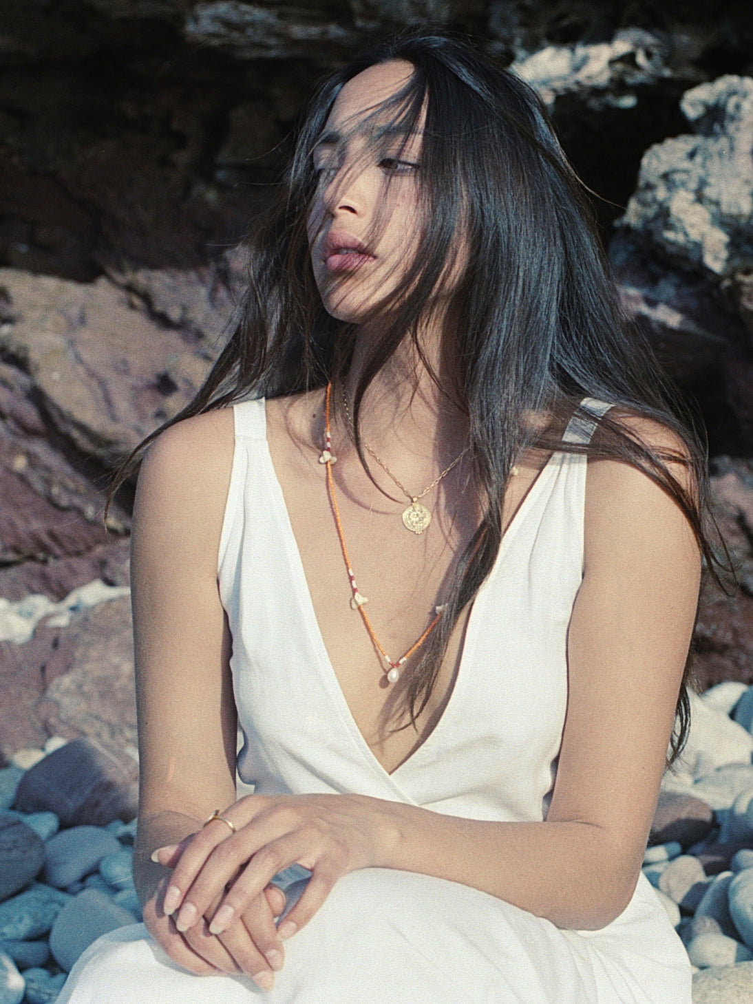 Beaded Necklace Orange, Sea Shells, Pearl, Gender Neutral by Pola Jewellery