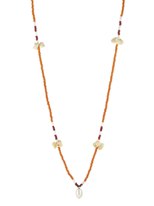Beaded Necklace Orange, Sea Shells, Pearl, Gender Neutral by Pola Jewellery